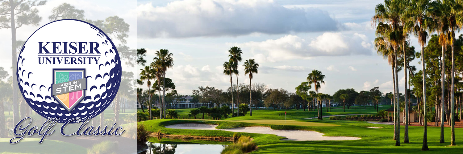 A banner featuring the Keiser University Golf Classic, with a logo depicting a golf ball and the text “Keiser University” above “Golf Classic.” The logo also includes a badge for “Kids in STEM.” The background showcases a lush golf course with palm trees, sand bunkers, and a cloudy sky.